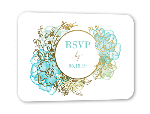 Floral Fringe Wedding Response Card, Gold Foil, Blue, Signature Smooth Cardstock, Rounded
