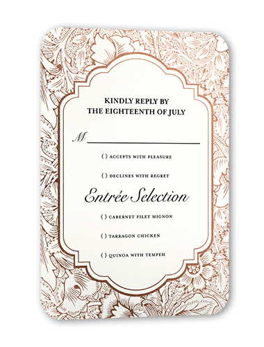 Ornate Petals Wedding Response Card, White, Rose Gold Foil, Pearl Shimmer Cardstock, Rounded