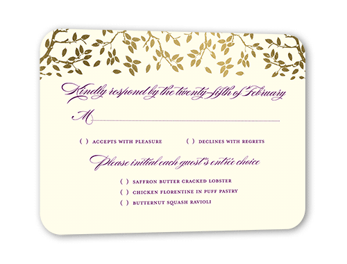 Enlightened Evening Wedding Response Card, Purple, Gold Foil, Pearl Shimmer Cardstock, Rounded